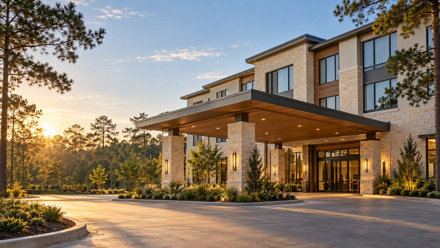 Contemporary hotel entrance among East Texas pine trees at sunrise